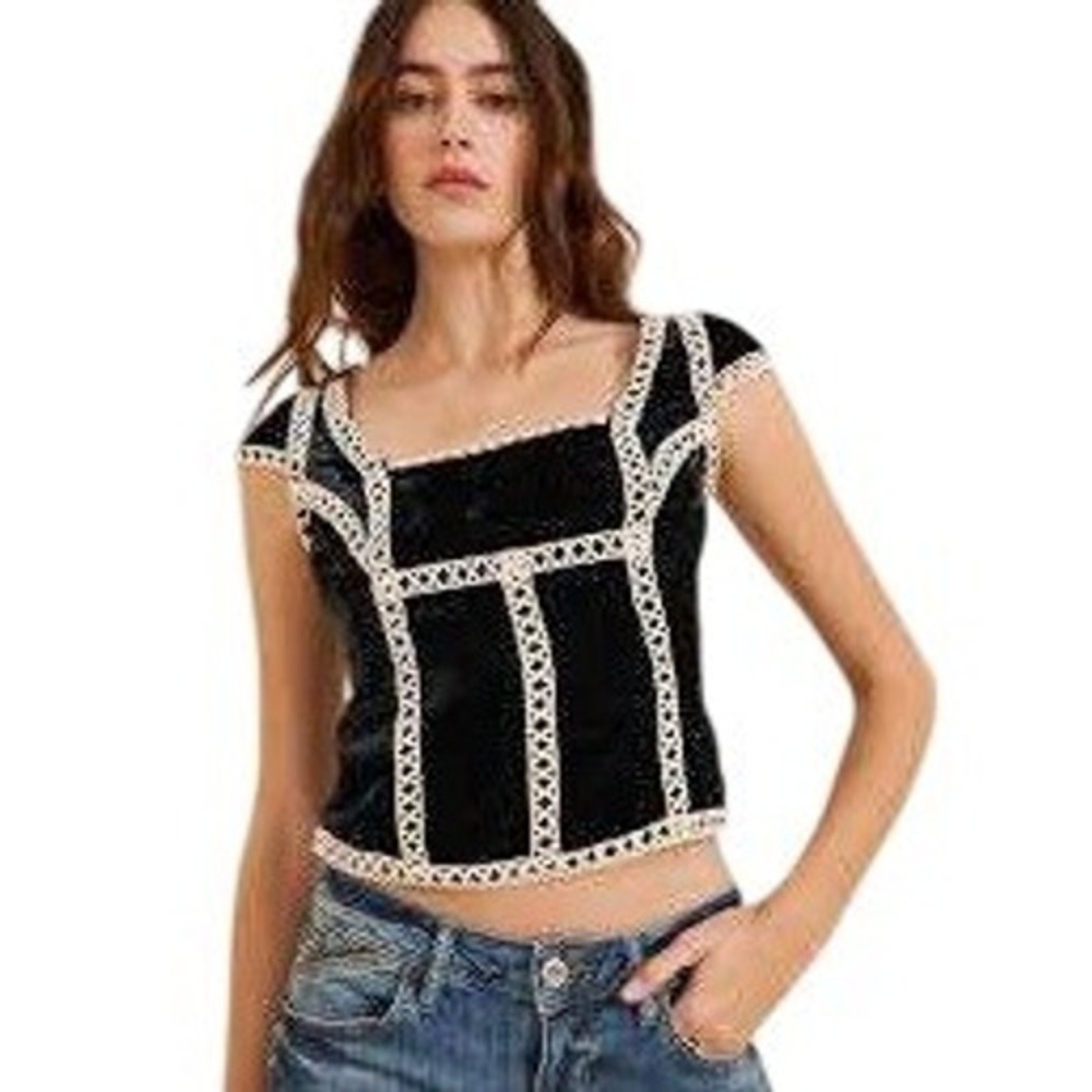 Free People Velvet Lace Trim Smocked Back‎ Crop Top Black OB2412779 Large NWT